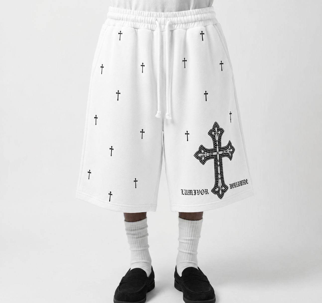 LUMIVOR WORLDWIDE OVERSIZED Embroidered Rhinestone Cross Heavyweight Sweat-Shorts