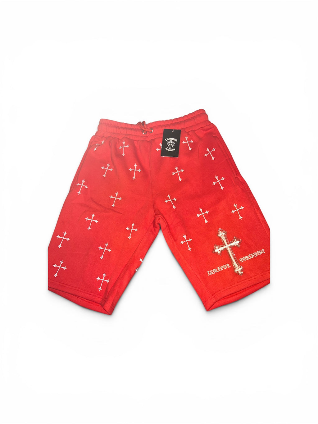 LUMIVOR WORLDWIDE OVERSIZED Embroidered Rhinestone Cross Heavyweight Sweat-Shorts