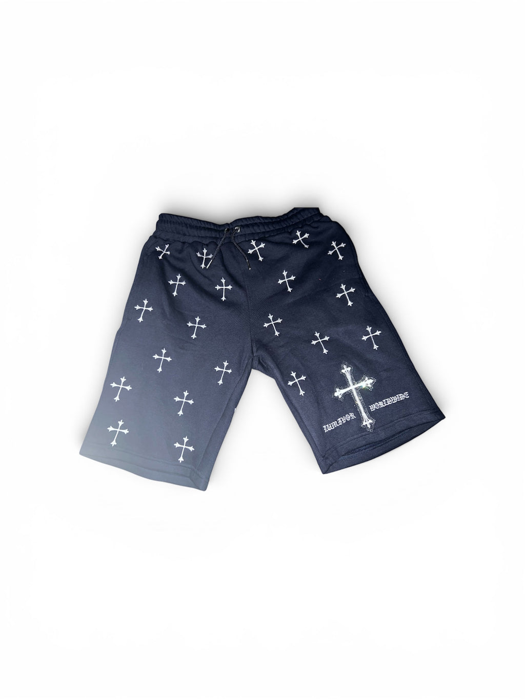 LUMIVOR WORLDWIDE OVERSIZED Embroidered Rhinestone Cross Heavyweight Sweat-Shorts