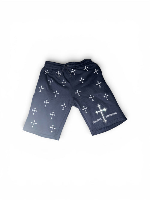 LUMIVOR WORLDWIDE OVERSIZED Embroidered Rhinestone Cross Heavyweight Sweat-Shorts